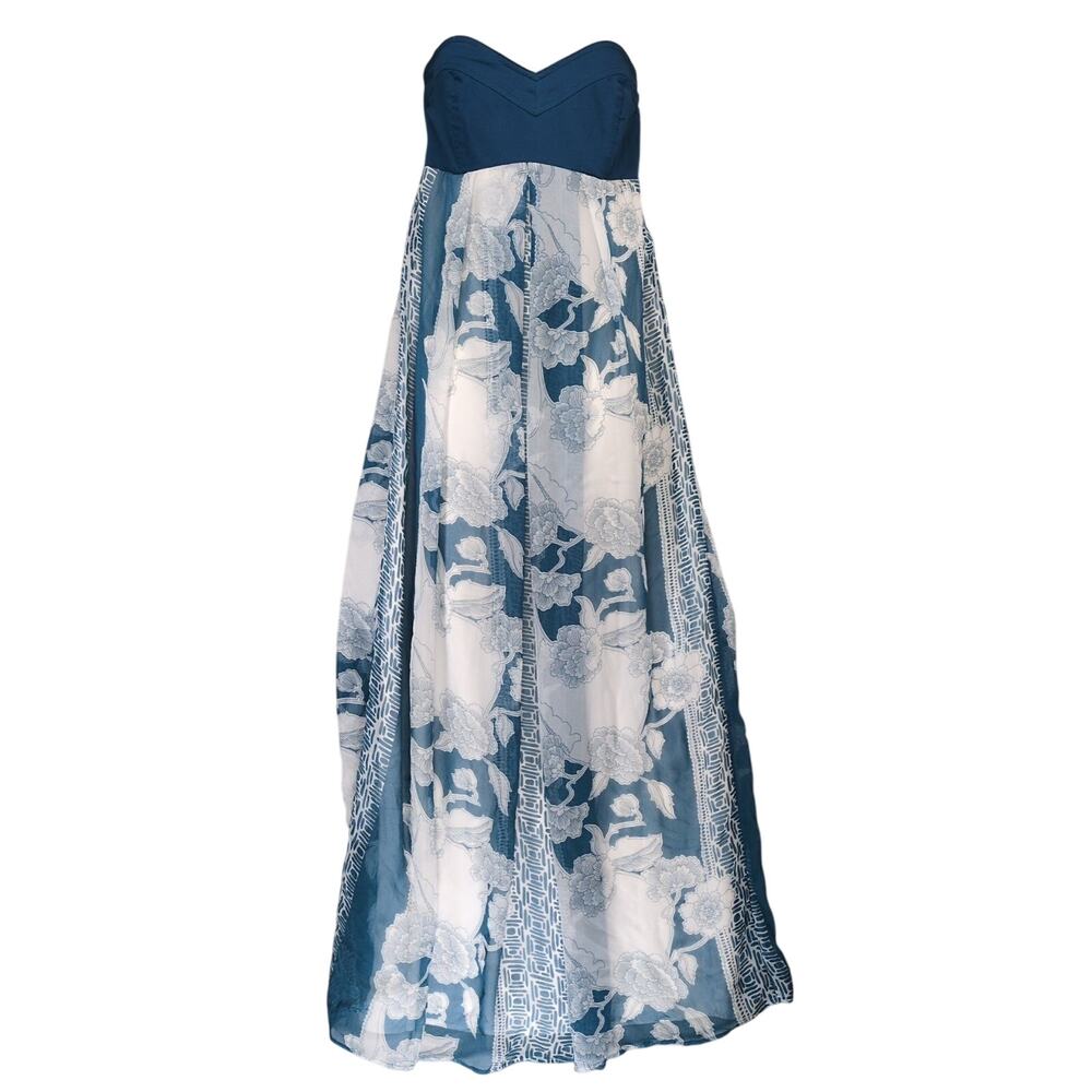 Charlotte Russo Sz L Strapless Babydoll High Waist Blue‎ Floral Sheer Maxi Dress